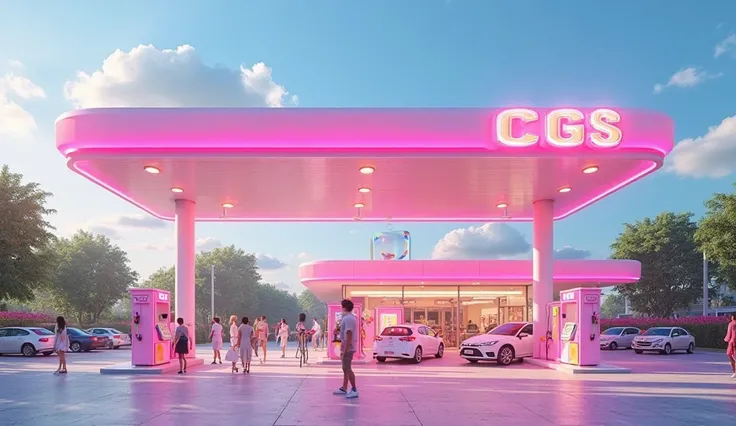 Fuel service station with initials CGS pastel pink day, neon lights, With cars,  people section, summer   