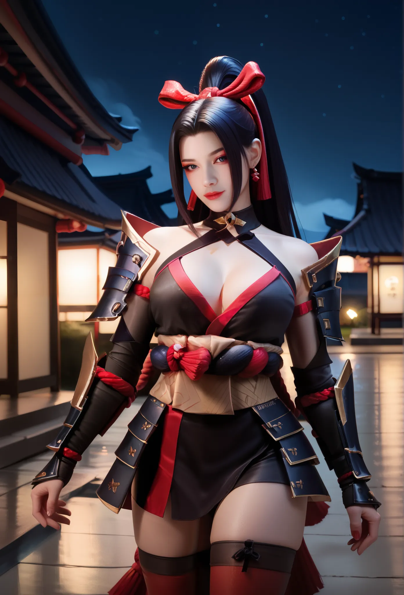 big breasts,kunoichi costumes,hanabi, a girl, Alone , black ponytail hair, RED RIBBON, Ninja Outfit, Gauntlets, black shorts, Half red , Kunai in stockings, ,
shoulder pads, night,exterior