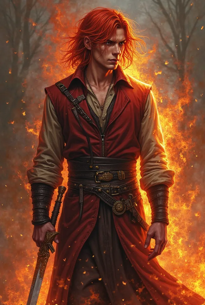 I want to create my character of D&d 5e. He's a fire genius, And his class is Rogue Soulknife. He's handsome, with 1,75 and tall, His eyes look flamboyant, red hair and red skin with a flamboyant appearance too, And I want him to have his soul daggers with...