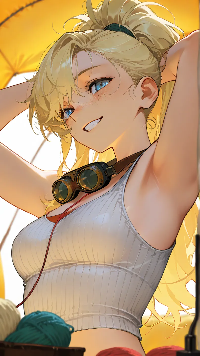 score_9, score_8_up, score_7_up,  source_anime, masterpiece, best quality, great quality, hidden hair, Alone, mhGemma, blonde hair, long hair, high ponytail, knitting glasses, blue eyes, freckles, goggles around his neck, white crop top, ribbed crop top,  ...