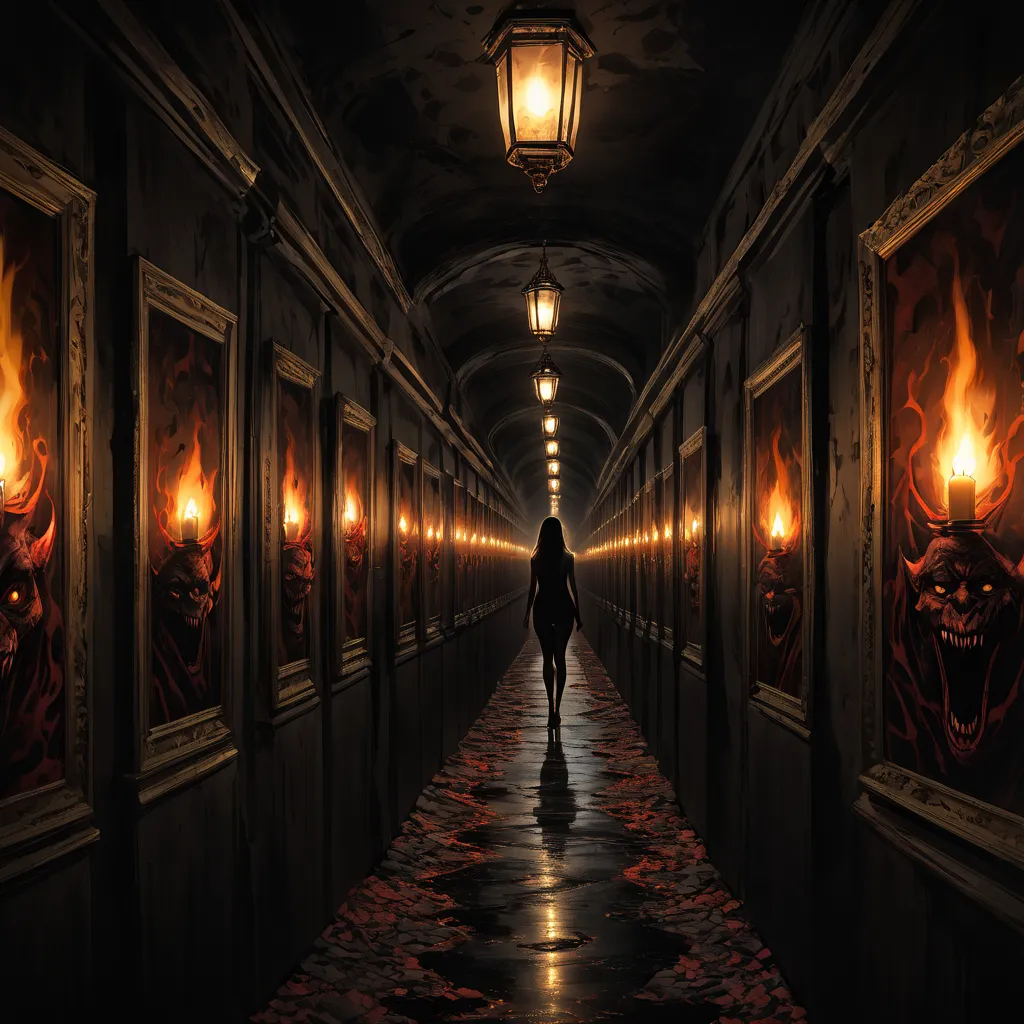  surrealism, artwork, 8K quality, "Endless Corridor ",   Perspective ,  converging at a single point ,  represents an infinitely long corridor ,  countless demon faces painted on the ceiling and walls of the corridor,  the faces of demons seem to jump on y...