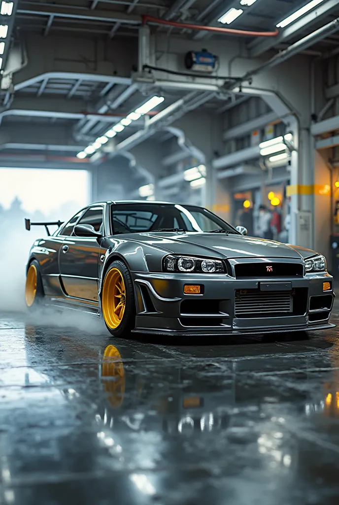 Realistic photo, Nissan Gtr R34 2002,  aggressive body kit , in the color graphite with blossoming yellow, wheels in blossoming yellow,  drifting ,  futuristic garage 