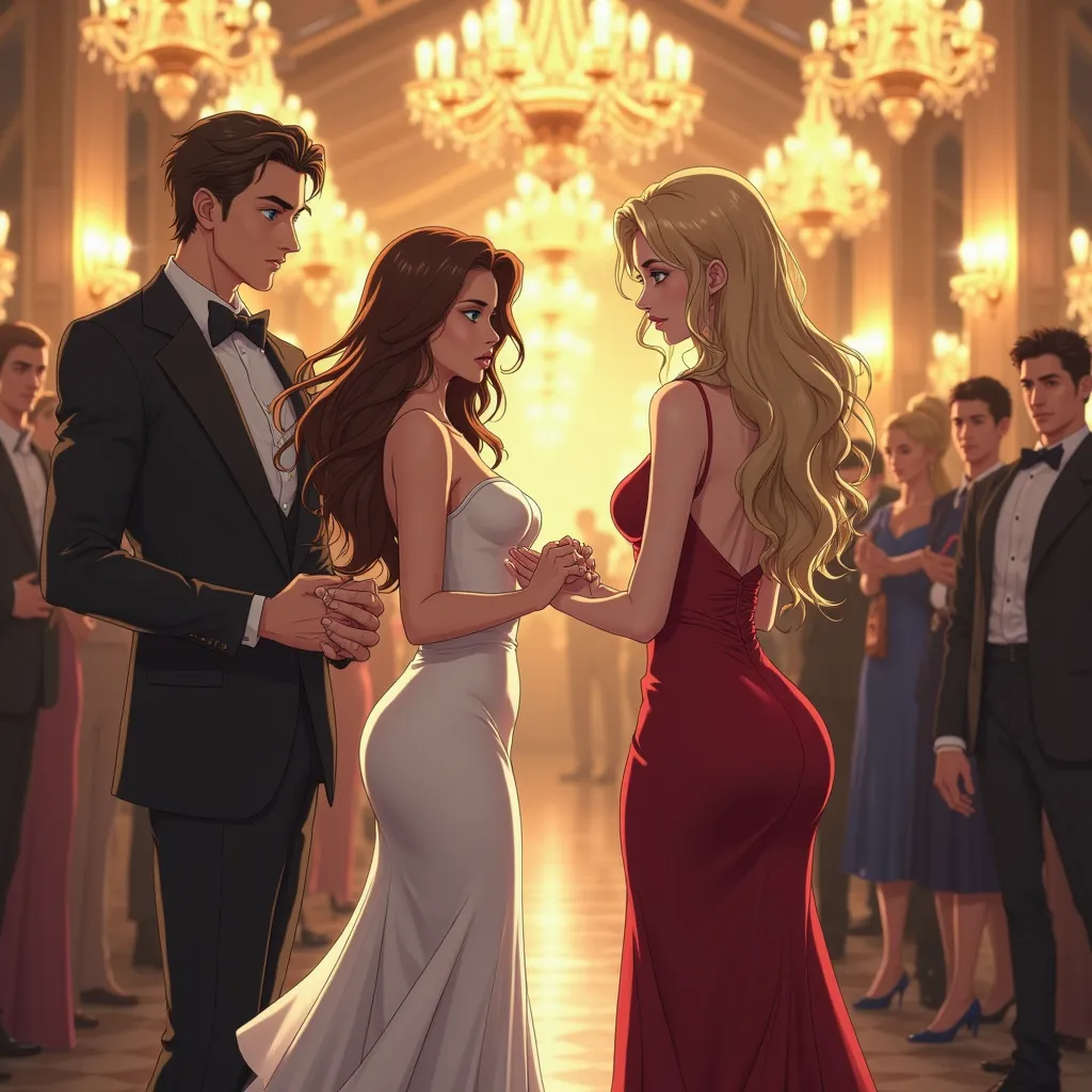 in anime style "A grand, opulent ballroom illuminated by dazzling golden chandeliers. In the center, a stunning woman with flowing brown hair stands in an elegant white gown, her expression a mix of heartbreak and determination. Across the room, a tall, ha...