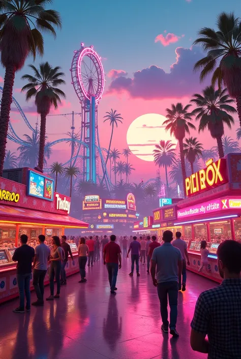 Give me an image formatted for TikTok, of an amusement park for adults and ren in the eighties in California