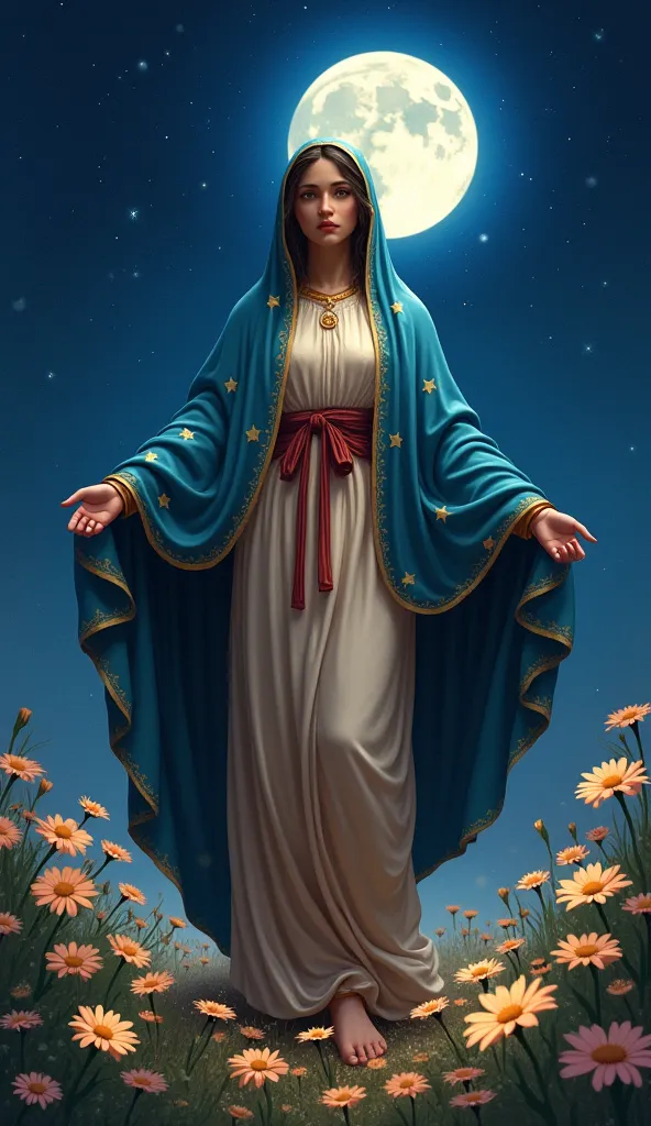 "Our Lady of Guadalupe, maintaining her distinct features and starry blue mantle, gently spinning as she dances under a starry night sky, surrounded by flowers reflecting the moonlight. Digital art style with soft lighting."