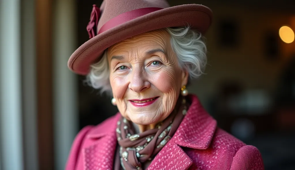 An elegant sixty year old lady, with a slanted felt hat and a pink tweed coat. 