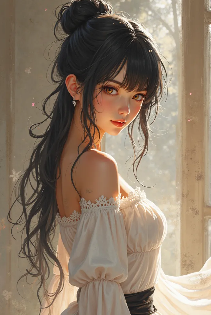 Akemi has a light brown skin tone, that shines in the sunlight, with a delicate contrast between her skin and the white of her dress.  her hair is long, up to the waist,  of deep black , with light waves that reflect an aura of mystery. She locks it in a b...