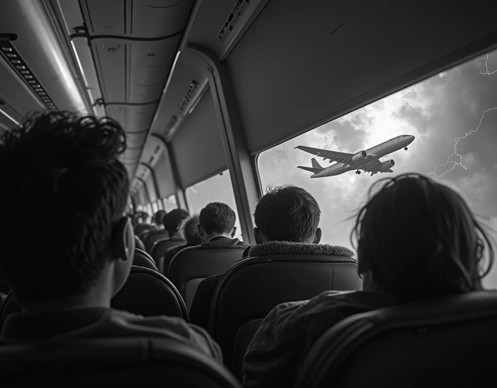 Propeller passenger plane, YS-11, stormy weather, late-night flight, surprised passengers looking out the window from a bright seat, spinning propeller and gremlins on the wingtip, raw photo, grainy black and white photo