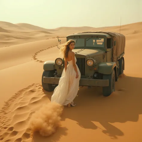  Cinematic photography, eye-level view of a vast desert with towering sand dunes, tire tracks carved into the golden sand. An old, rugged military truck stands still, its metal frame slightly covered in dust. The sky is hazy with a warm, sepia-toned glow, ...
