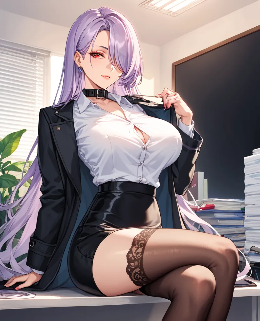 score_9, score_8_arriba, score_7, score_6,      source      _      animated, 1mature_ feminine, Only 1 woman   ,   flirtatious look,   light purple hair  ,   very long hair  ,   hair over one eye , Red eye,  black dog collar ,   white shirt, black coat, lo...