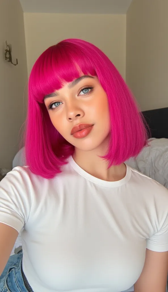 A tiktoker with short pink hair with bangs,  In her room, Straight hair,  beautiful, Eyes with perfect makeup, with clear,  white t-shirt shirt , white shirt