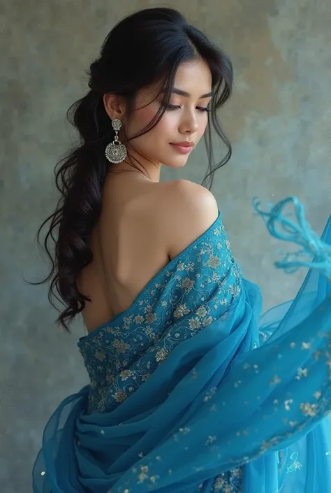 With blue saree