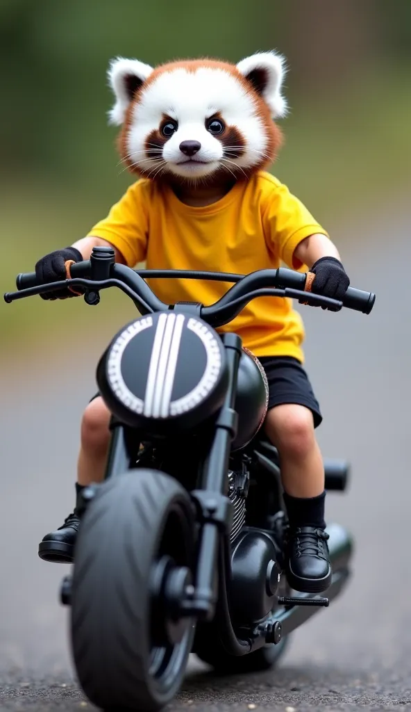 In his yellow t shirt and black shorts The moment baby panda Pipin sat on his jet black heavy bike with silver stripes , his tiny paws barely reached the handlebars, and the engine rumbled like thunder beneath him.