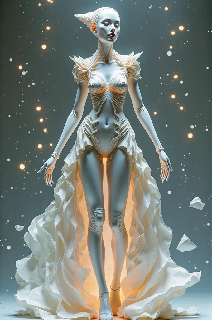 The humanoid made of paper, a magical support with slender arms and legs, as if your body were composed of thin layers of paper intertwined and carefully folded. Each fold and crease is meticulously detailed, with silvery edges that shine softly, style as ...