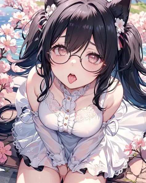 Very detailed, Highest Quality, high resolution,  cute anime , ((A black hair、leaning forward with droopy eyes)), ((Wearing big round glasses:1.4)), (Baby Face), Lovely eyes,  Detailed eye description , Sparkle in the Eyes,  View Your Audience , pale, (big...