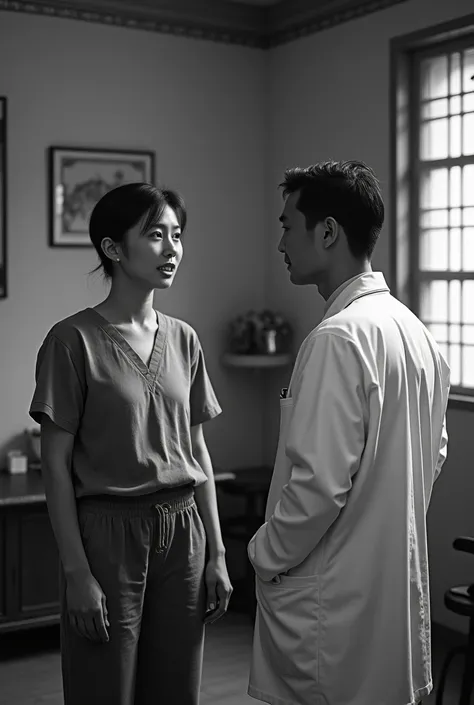 A person talking to a traditional doctor in black-and-white filter.