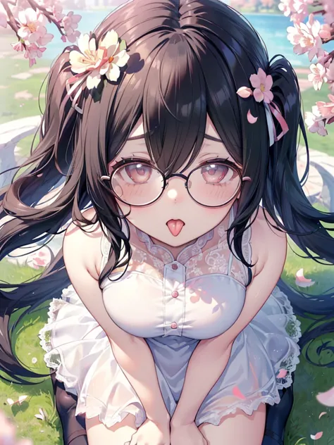 Very detailed, Highest Quality, high resolution,  cute anime , ((A black hair、leaning forward with droopy eyes)), ((Wearing big round glasses:1.4)), (Baby Face), Lovely eyes,  Detailed eye description , Sparkle in the Eyes,  View Your Audience , pale, (big...