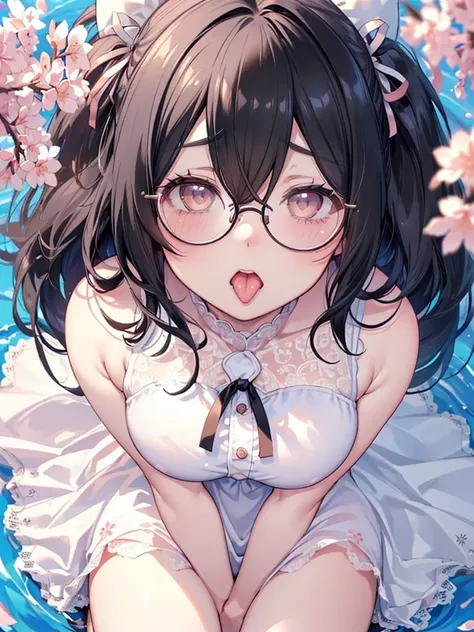 Very detailed, Highest Quality, high resolution,  cute anime , ((A black hair、leaning forward with droopy eyes)), ((Wearing big round glasses:1.4)), (Baby Face), Lovely eyes,  Detailed eye description , Sparkle in the Eyes,  View Your Audience , pale, (big...