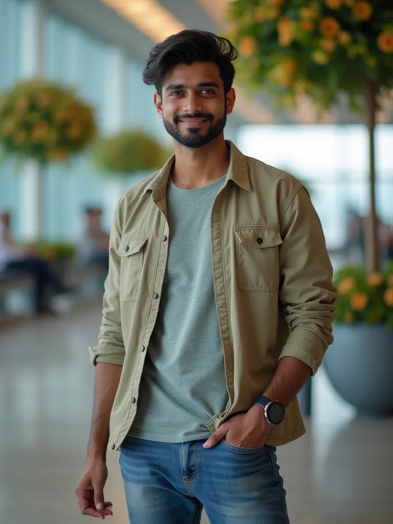 The image is a portrait of a Indian young man. Posing in a casual style. He's wearing casual outfit. The background is airport waiting area with lighting with flowers and trees. The overall mood of the image is casual and elegant. DSLR, high resolution
Ima...