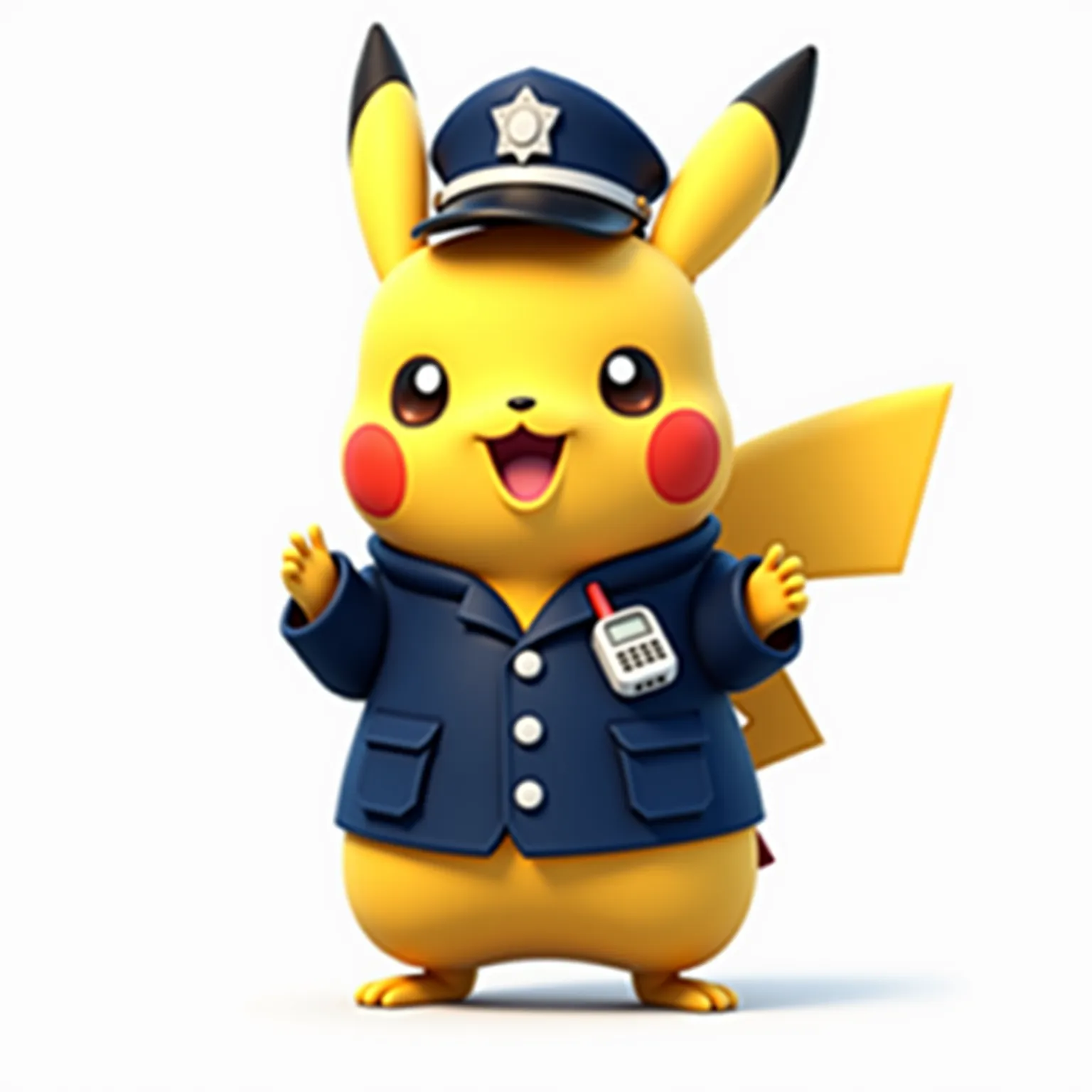 Single character focus, in frame, High resolution, 4k, masterwork, cartoon style, clear png, no background, 1 character, pikachu police officer, happy, cute, wearing a radio, uniform, hat