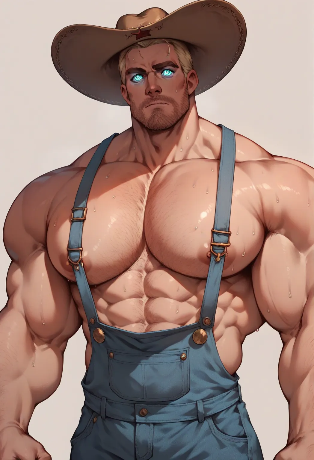 Oliver Queen, shirtless, farmer overalls, cowboy hat, muscular, muscles, broad shoulders, massive pecs, sweaty, hairy chest, glowing spiral in the eyes, blank expression, vacant stare, hypnotized, brainwashed, focused, High Resolution, ranch background