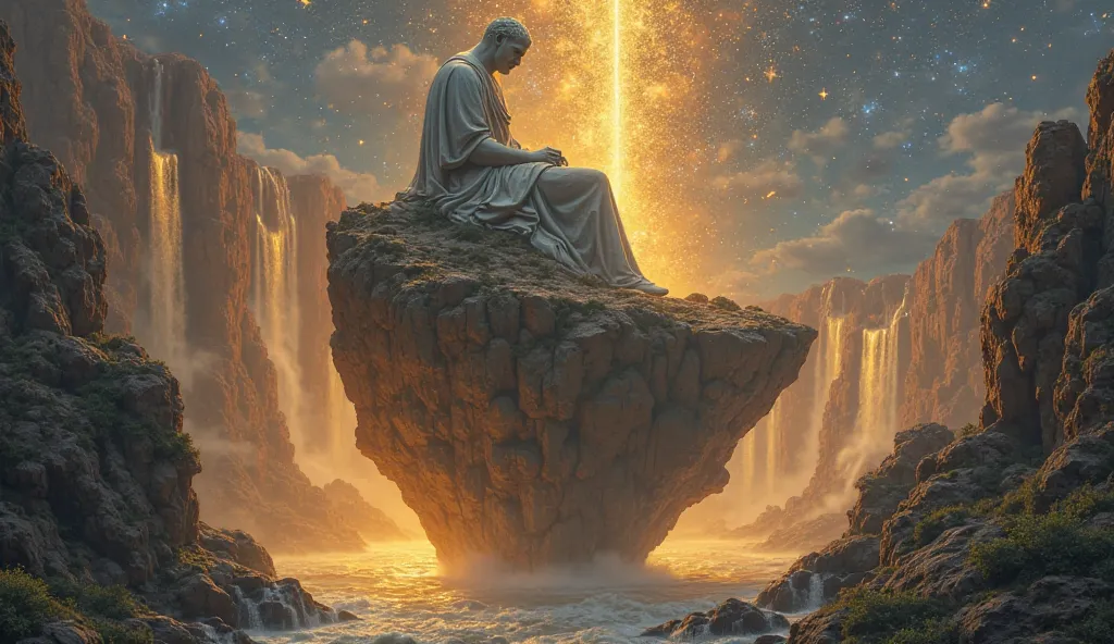 "A massive stone statue of Seneca seated in deep contemplation atop a floating island, surrounded by cascading waterfalls of golden light, ancient philosophical inscriptions glowing on the rocks, the sky filled with celestial constellations, ultra-detailed...