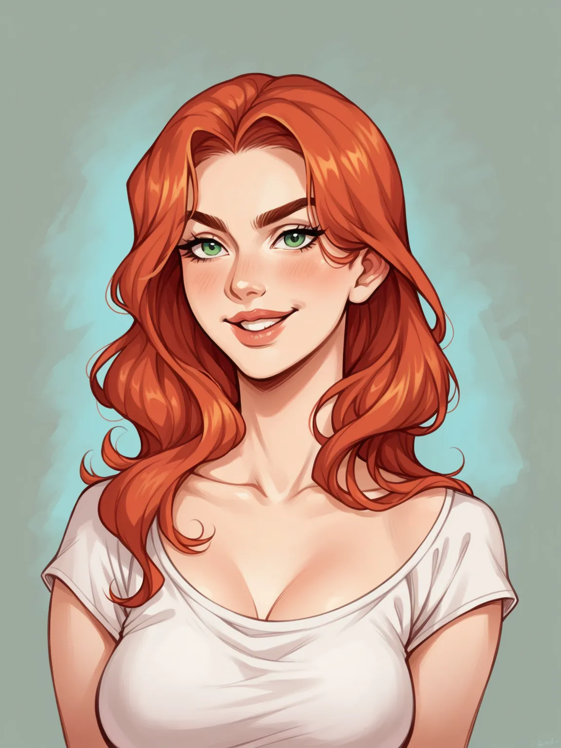 score_9, score_8_up, score_7_up, score_6_up. A stunning red-haired woman, depicted from her chest up for a close-up, high-detail portrait. Her vibrant auburn hair cascades elegantly in soft waves, framing her delicate yet captivating features. Striking gre...