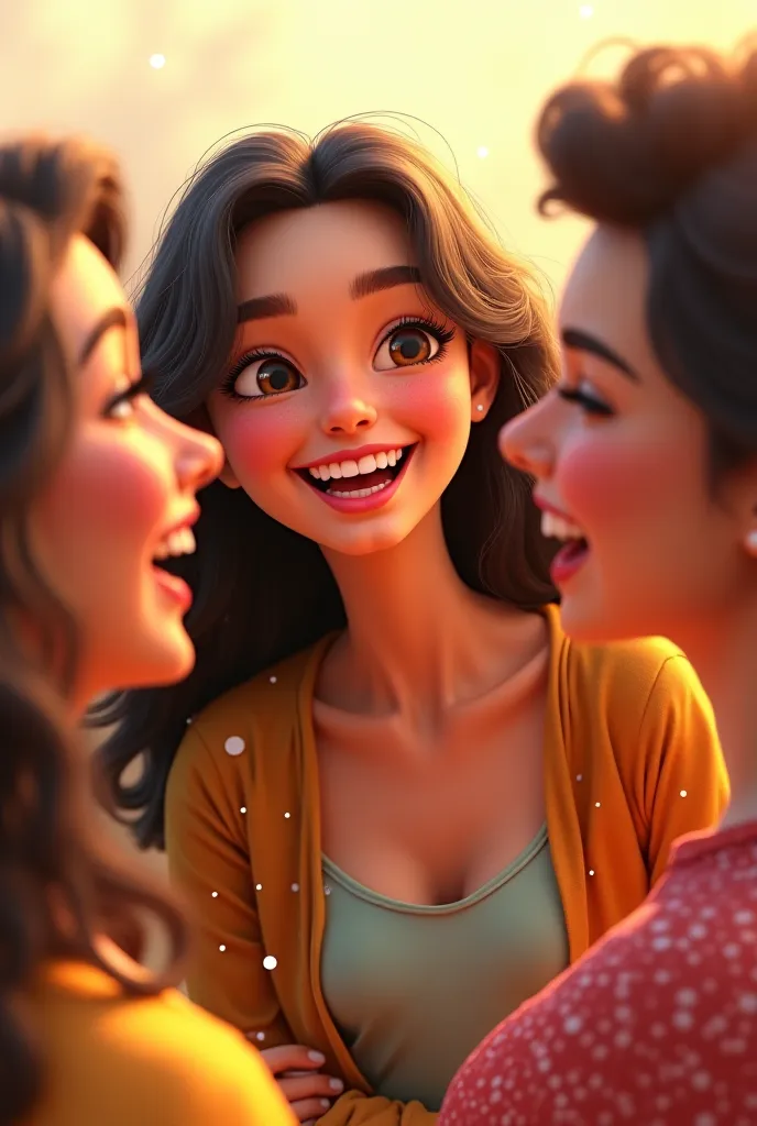 A beautiful girl laughing with her friends. The main focus is her make it animate style