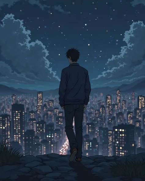 Anime character sad man while walking over the city full of buildings at night 