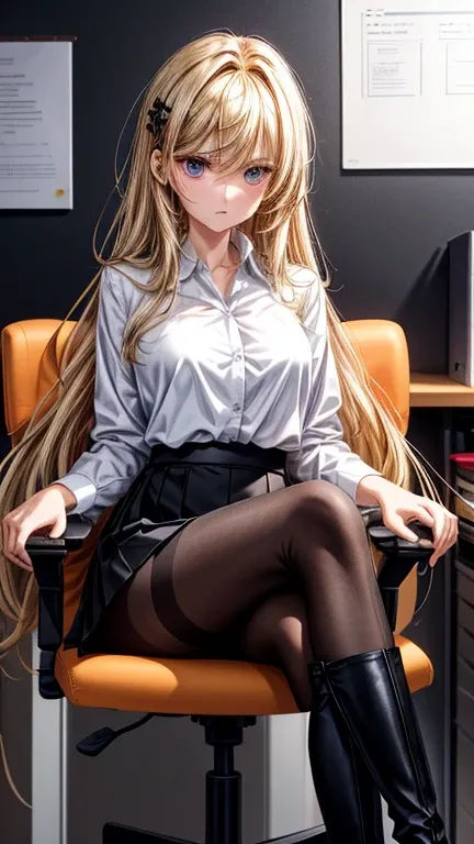 full body photo，All visible from head to toe，Golden Super Long Hair，hair accessories，Angrily looking at the viewer，White Fit Work Shirt，Black Skinny Skinny Skirt，black pantyhose,Black Over the Knee Boots，Office Interior，Sitting in an office chair，Cross you...