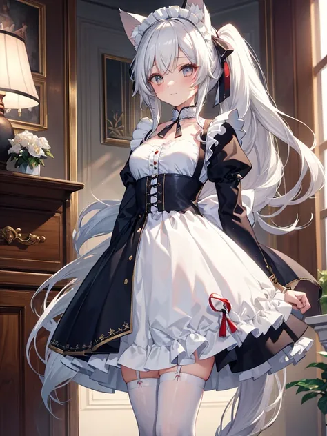 1 woman, high resolution,  masterpiece, best quality,  details,  long hair,  double ponytail, White hair, Cat ears,  Maid Dress， white stockings ，