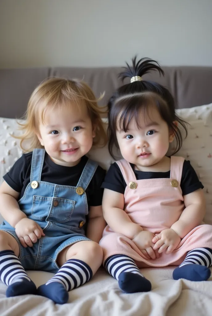 Realistic photography art, full body, extremely realistic photo of twin siblings. A baby boy sitting, he has honey-blond hair, long hair, messy slightly wavy hair, striking light blue eyes, asian eye shape, fair skin. Wearing blue overall shorts and black ...