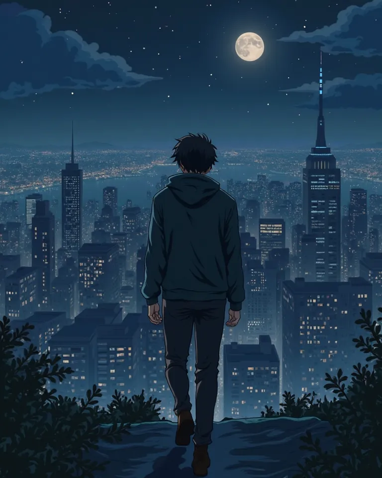 Anime character sad man while walking with his head down over the city full of buildings at night 