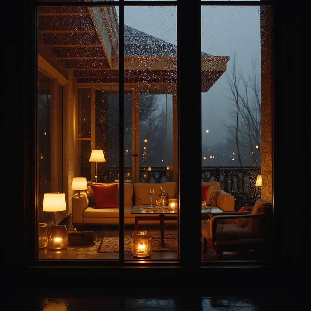 Exterior view of a modern and elegant apartment through a large window at night. The scene is seen from the outside, with raindrops slipping through the glass and some slightly cracked glass,  adding a touch of drama . The interior of the apartment is furn...