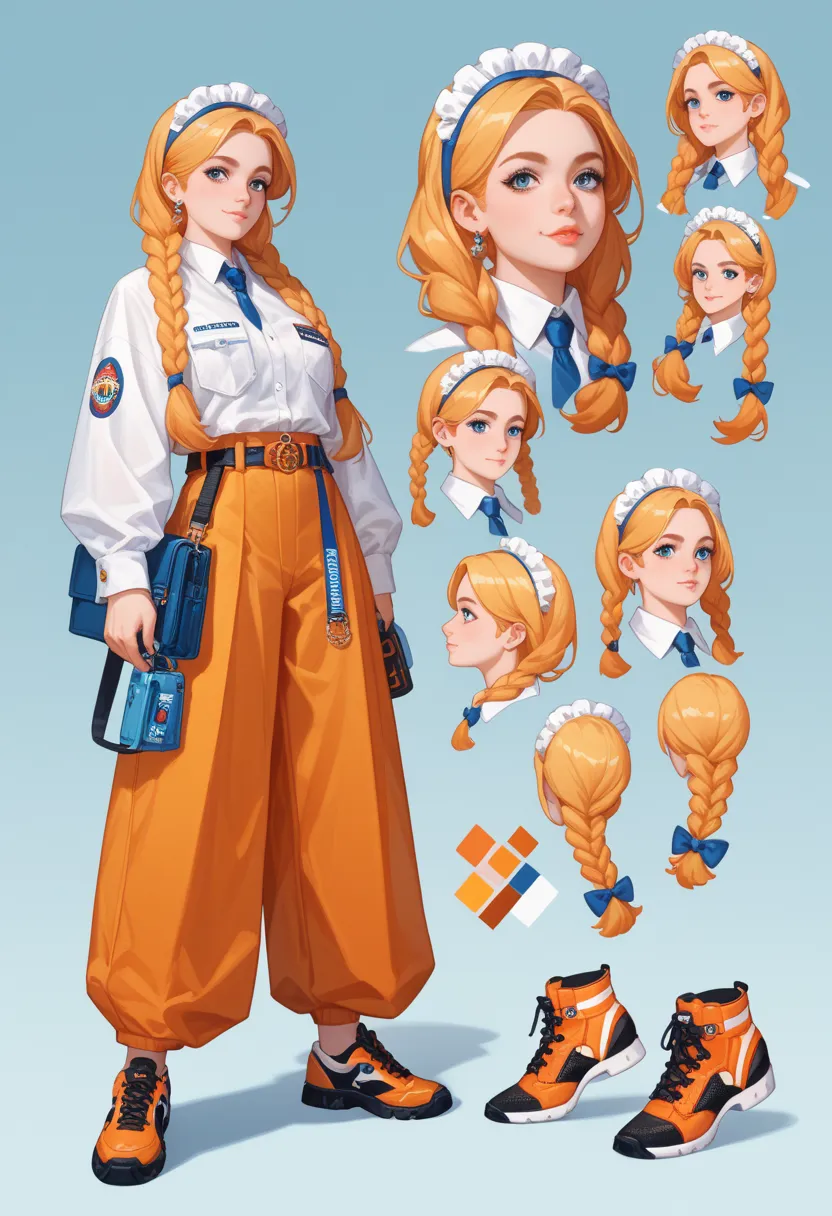 girl with dynamic pose posing full body wearing a loose mechanic suit, con dos trenzas, character table,, character sheet, blond girl, long hair with two braids, sueter amarrado a la cadera