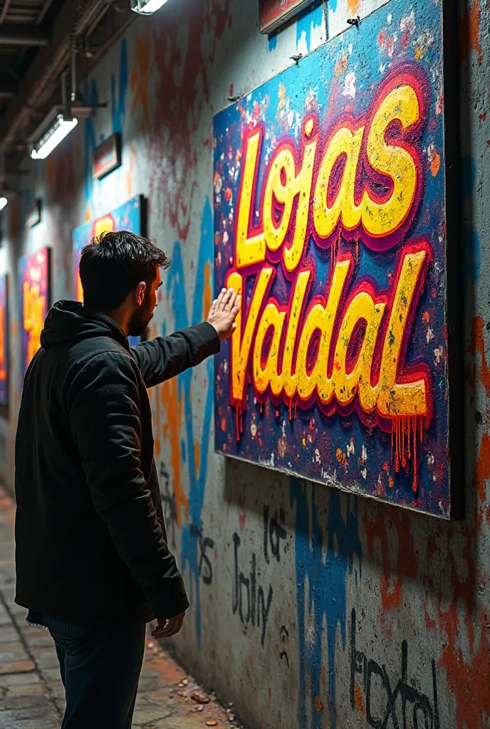 POSTER on the wall written Lojas Valdal in graffiti style with a person pointing to this art 