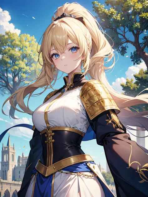 Elegant Anime Female Characters, golden ponytail, Extremely Glamorous Eyes, Medieval Knights and Noble Costumes, daytime, blue Sky, Sky,  outdoors, Under a towering tree, Cinematic lighting effects,  Large aperture portrait, dynamic pose,  golden ratio ,  ...