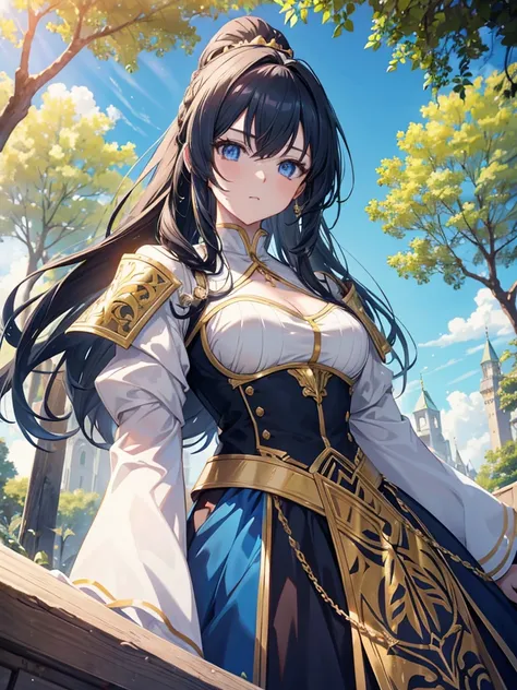 Elegant Anime Female Characters, golden ponytail, Extremely Glamorous Eyes, Medieval Knights and Noble Costumes, daytime, blue Sky, Sky,  outdoors, Under a towering tree, Cinematic lighting effects,  Large aperture portrait, dynamic pose,  golden ratio ,  ...