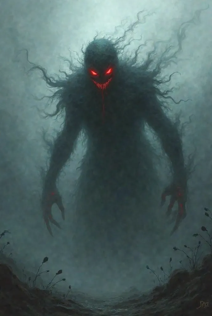 Shadow monster made of mist with blood red eyes and sinister smile