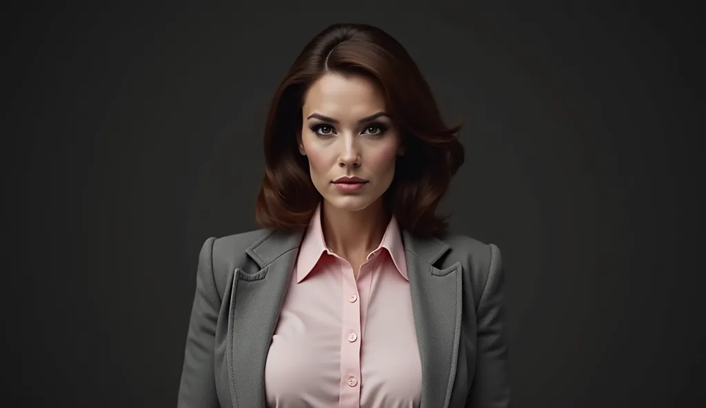 beautiful 60 year old woman, grey office jacket, fully buttoned pink collared button blouse, big breasts, big lips, megan fox