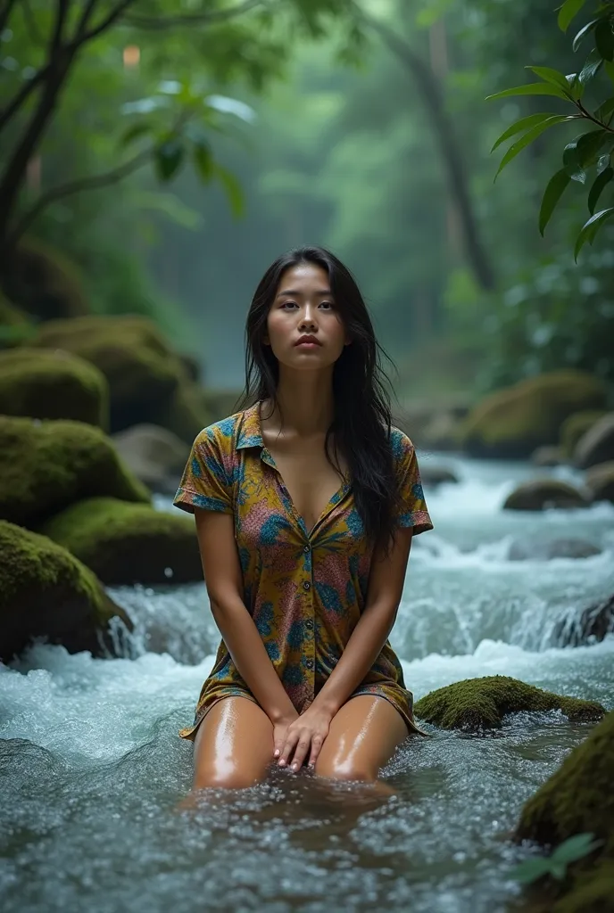 A photographic masterpiece of a woman sitting in a calm river stream, with water flowing around her waist. She is sitting on wet rocks in a mossy and jungle environment. Her clothing is wet, and she is wearing a drenched colorful shirt. She has a serene an...