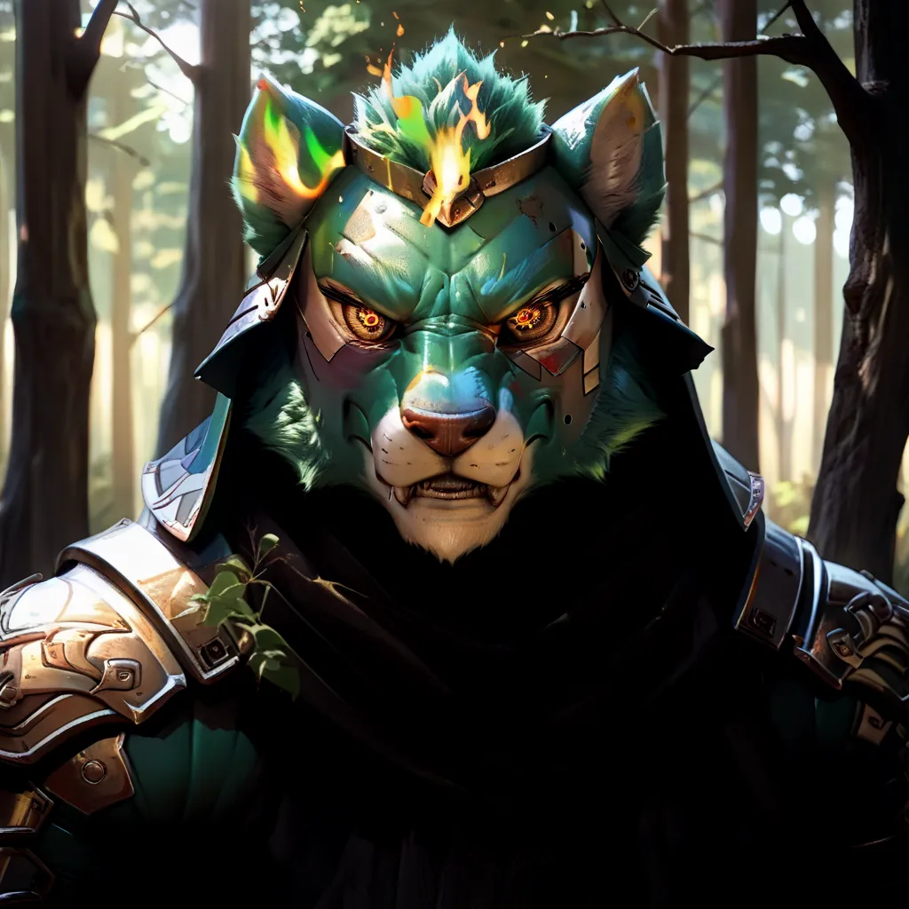 fur, fur gris y mandibula blanca, challenging look, muscular, detailed eyes,  golden eyes, forest, armor with a green fire aura