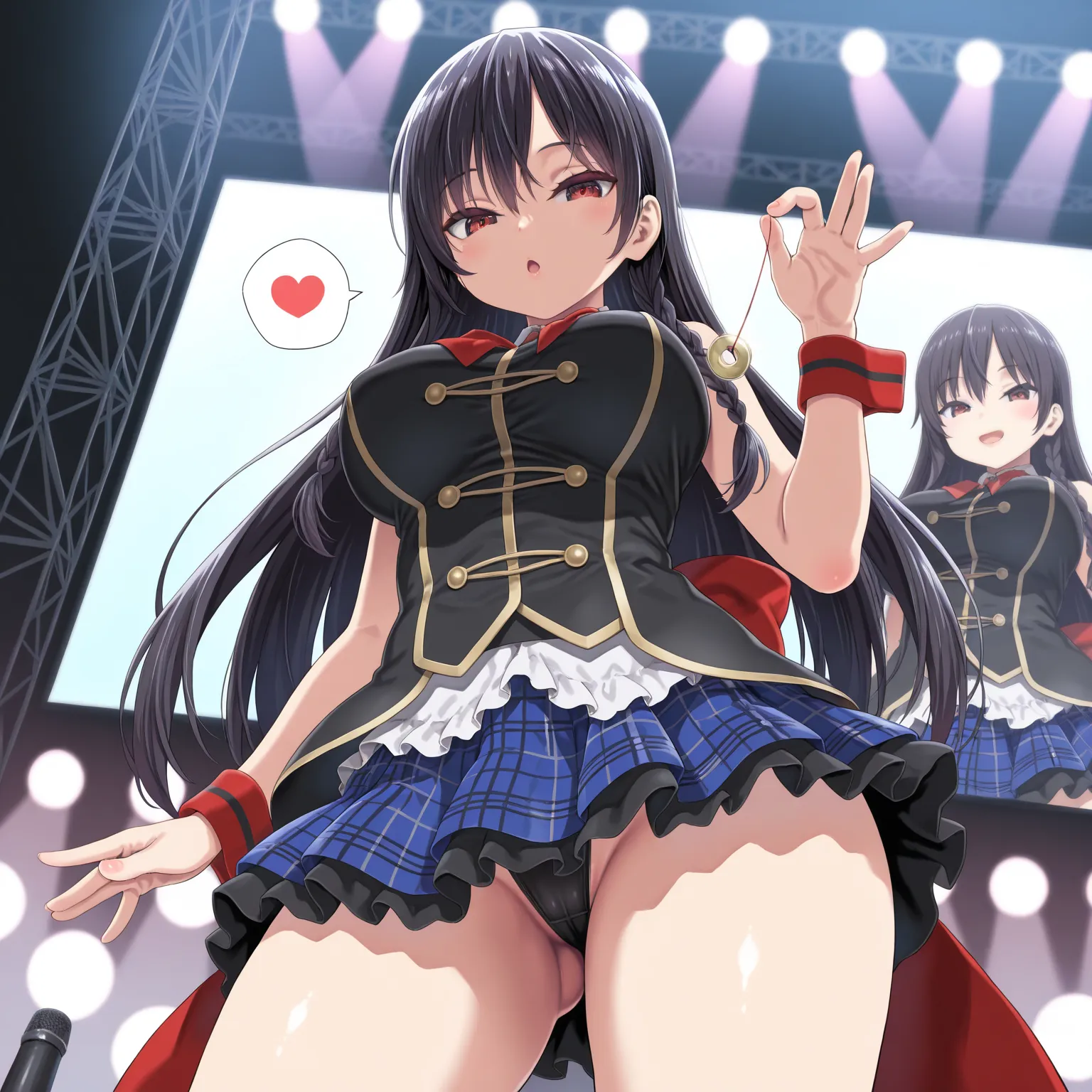 score_9, score_8_up, score_7_up, 1girl,solo, (top quality, 8k), high resolution, detailed, standing, looking  at viewer, (view from below), dutch angle, pantyshot, on stage, idol stage, big screen, zoom layer, (screen zoom),                                ...