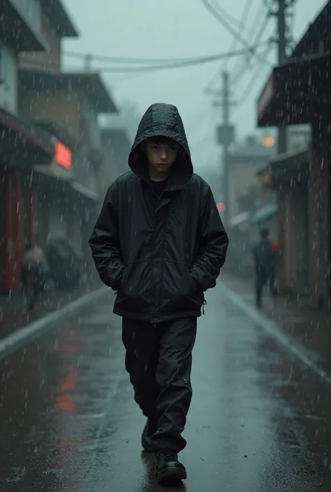 Une vidéo d'un jeune garçon qui s'appelle Alan et qui marche seul sous la pluie et est habillé en full black 