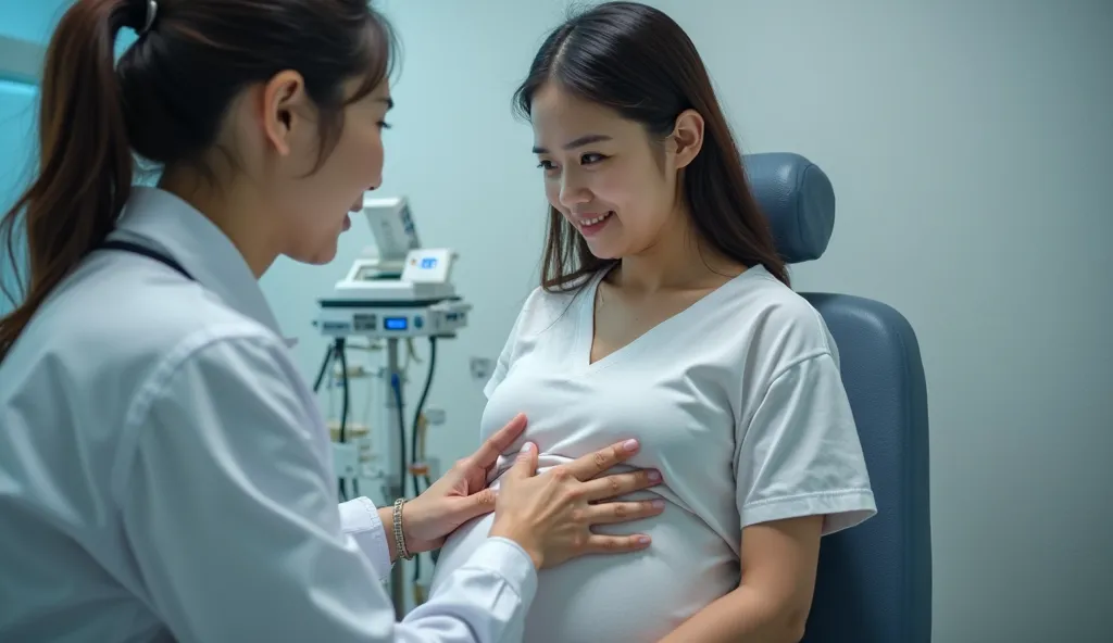 asians . A woman is pregnant and the doctor is examining her ,  ACTUAL IMAGE  