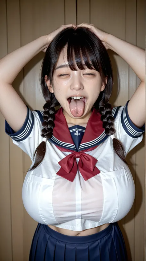 score_9,score_8_up ,score_8, ((both hands fully behinds head)),((facing the viewer))、((short)), beautiful face,natural face,(ultra enormous beautiful gigantic breasts) ,sagging gigantic breasts,Clevis、wild open mouth, close eyes,tongue, tongue out,Shining ...