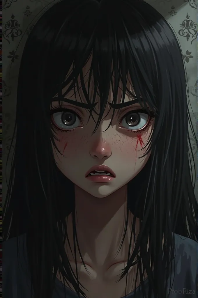 A black-haired girl with a desperate look 