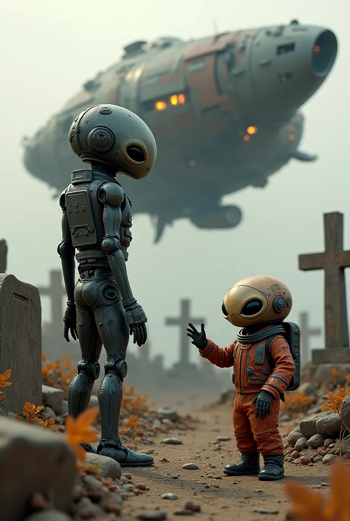 A dwarf alien showing a damaged ship to a robot in a cemetery 