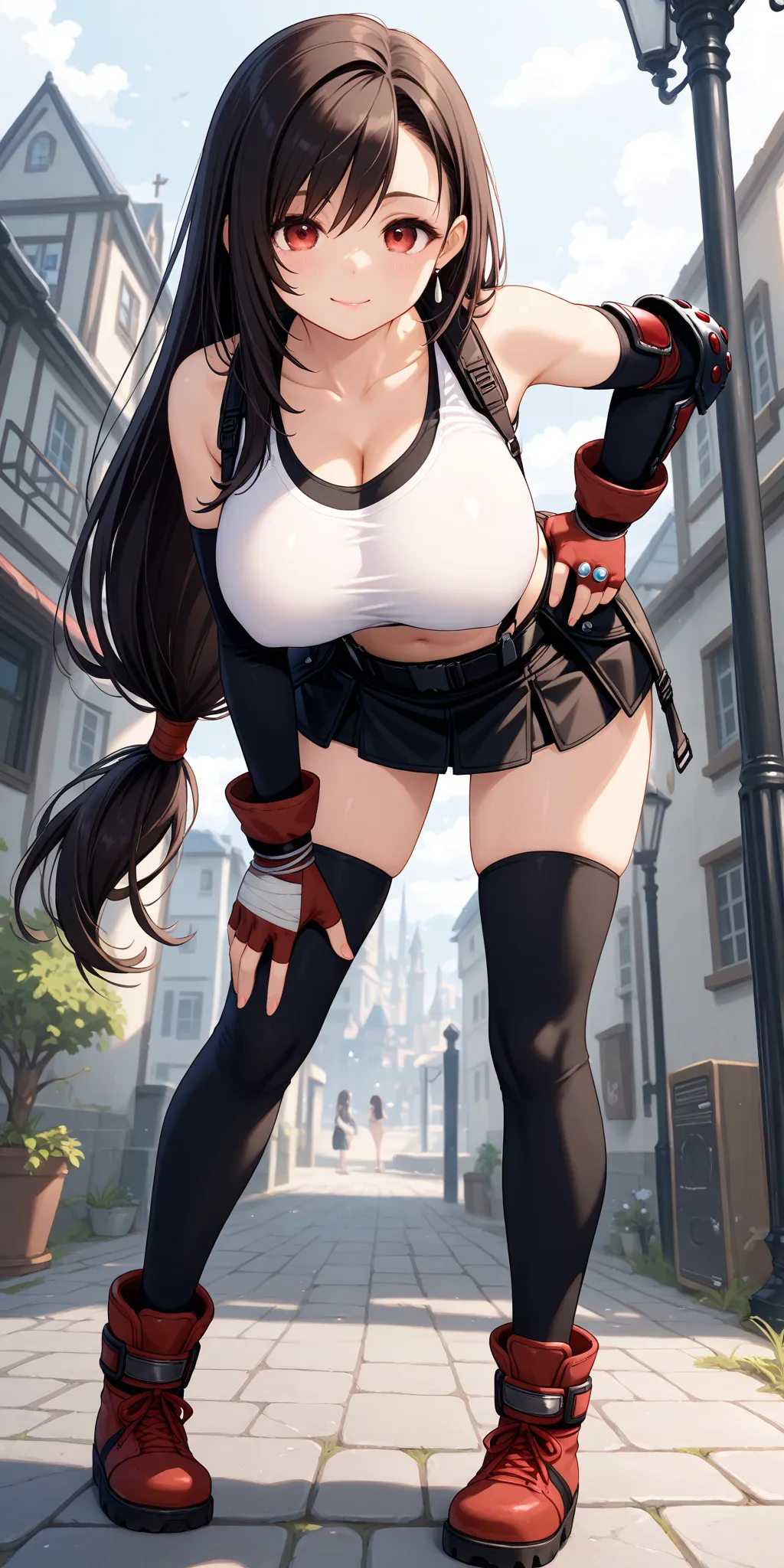 Tifa、very big breasts、 Detailed Illustration 、８Ｋresolution、super beautiful、Ultra delicate、masterpiece、top quality、bending forward、Look into my face、full body、Down to your feet、