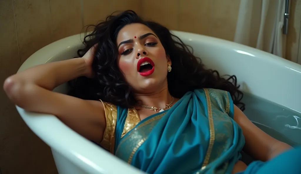 sexy thick curvy Indian women , lying in bathtub , moaning expression , big boobies , long curly hairs , make up , red lips , wearing blue saree and blouse, sweaty , 8k resolution , cinematic, realistic , realism , real , photorealistic ,
